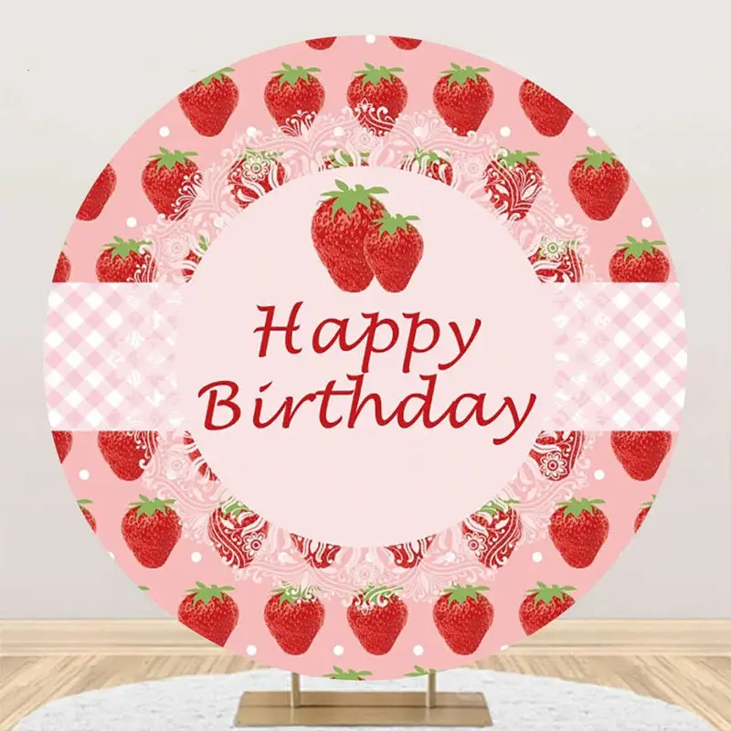 Round Pink Strawberry Plaid Happy Birthday Backdrop - Aperturee