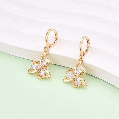 Flower Brass Micro Pave Cubic Zirconia Dangle Leverback Earrings