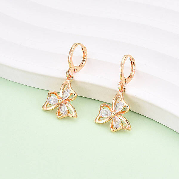 Flower Brass Micro Pave Cubic Zirconia Dangle Leverback Earrings
