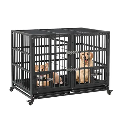Garvee Heavy Duty Sliding Rail Dog Crate, 42 Inch Dog Crate with Double Door, 360° Lockable Wheels and Removable Tray, Easy ...