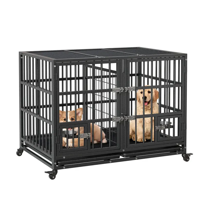 Garvee Heavy Duty Sliding Rail Dog Crate, 42 Inch Dog Crate with Double Door, 360° Lockable Wheels and Removable Tray, Easy ...