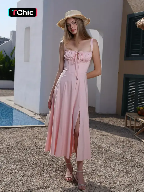 Women's Plain Ruched Lace Up Split Cami Dress, Elegant Tie Front Sleeveless Midi Dress for Summer, Summer Outfits 2024, Fashi...