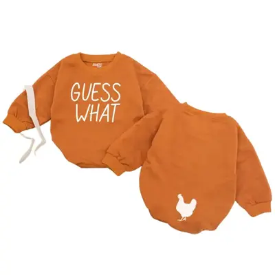 STAFAZ Guess What Chicken Butt Baby Romper - Funny Orange Bodysuit with Chicken Graphic Gender Neutral Baby Shower Gift Doubl...
