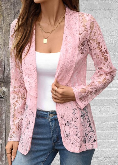 Modlily Pink Lace Long Sleeve Lapel Light Cardigan - L