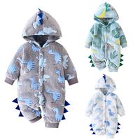 Infant Baby Boy Plush Hooded Jumpsuit Dinosaur Pattern Button Front Long Sleeve Hoodie Romper Toddler Bodysuit Fall Winter Ro...