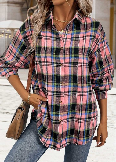 Modlily Pink Button Tummy Coverage Plaid Long Sleeve Shirt - XL