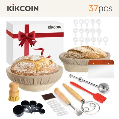 [Hot Picks]Sourdough Starter Kit Kikcoin 37PCS Banneton Proofing Basket set,Natural Rattan,Flour Duster,Bread,Dough Scraper,...