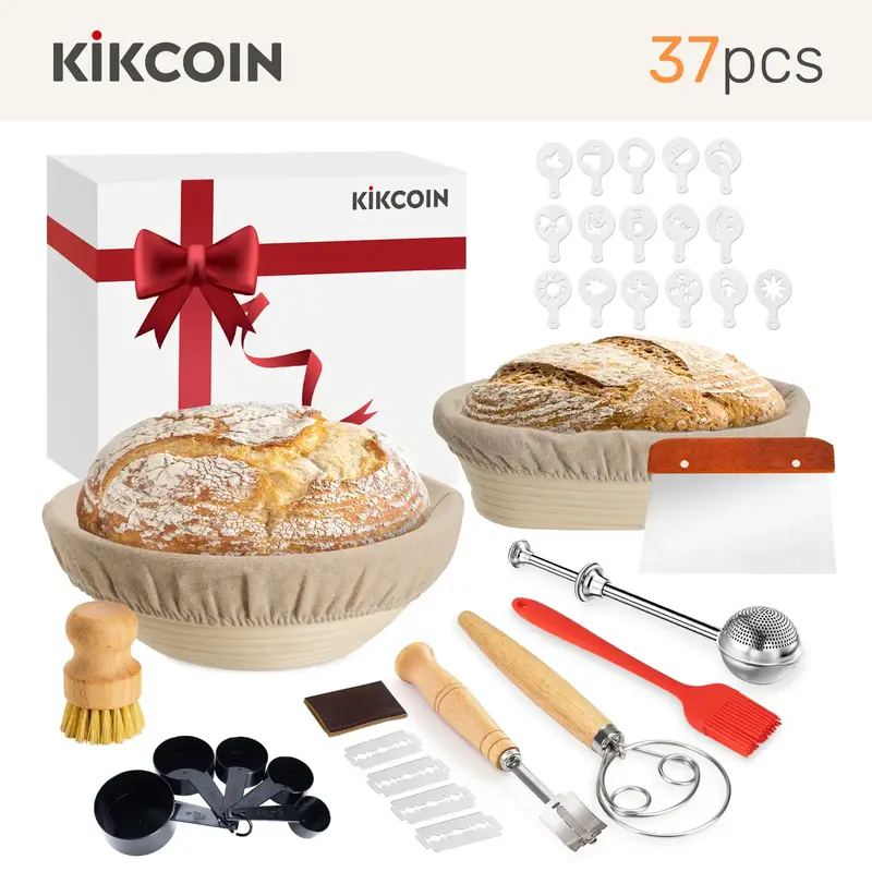 [Hot Picks]Sourdough Starter Kit Kikcoin 37PCS Banneton Proofing Basket set,Natural Rattan,Flour Duster,Bread,Dough Scraper,...