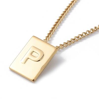 Stainless Steel Initial Letter Rectangle Pendant Necklace for Men Women