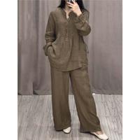 Women's 2 Piece Set Fashion Office Lady Cotton Linen Long-sleeve Casual Loose Wide-leg Pants Suit 2024 Spring Autumn Women Se...