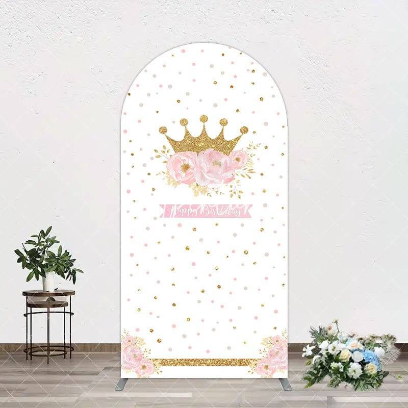 Aperturee White Gold Crown Pink Floral Arch Birthday Backdrop, 1.6X4FT(0.5X1.2M), 38.18 USD, arch backdrop kit, GHJ07327-A
