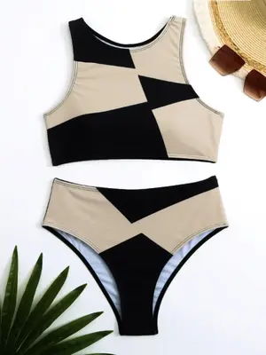 Women's 2pcs Colorblock Print Tankini, Summer Clothes Women, Printed Sleeveless Round Neck Swim Top & High Cut Swim Bottom T...
