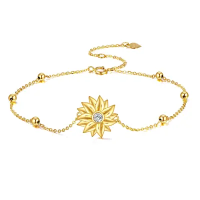 14K Gold Circular Shaped Zircon Sunflower Charm Bracelet