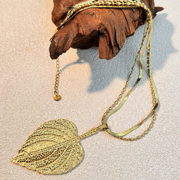 304 Stainless Steel Leaf Pendant Double Layered Necklaces for Women