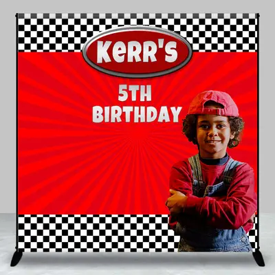 Custom Photo Name Red Stripe Plaid Birthday Backdrop