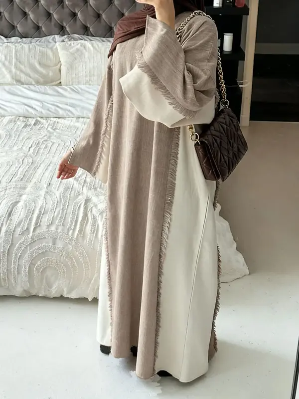 Women's Fringe Trim Dresses, Modest Casual Long Sleeve Dress for Daily Wear, Women's Islamic Clothing for All Seasons
