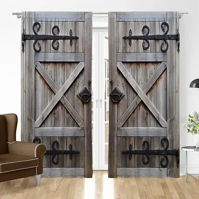 Simulation Barn Door Print Curtain Set for Room Decor, 2 Counts Vintage Farmhouse Decor Curtain for Home Living Room Bedroom,...