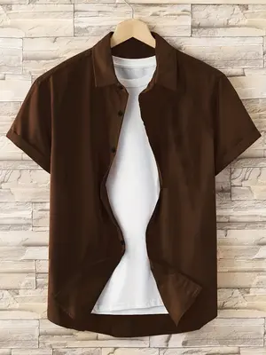 Men's Solid Button Front Shirt, Regular Fit Casual Short Sleeve Collared Top, Summer Clothes, Men's Streetwear for Daily Wea...