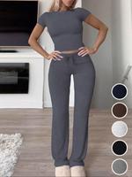 【Plus Size】 Two-piece Set Solid Short Sleeve Tee & Drawstring Waist Pants Set, Casual Shortsleeve Round Neck T-shirt & Tr...