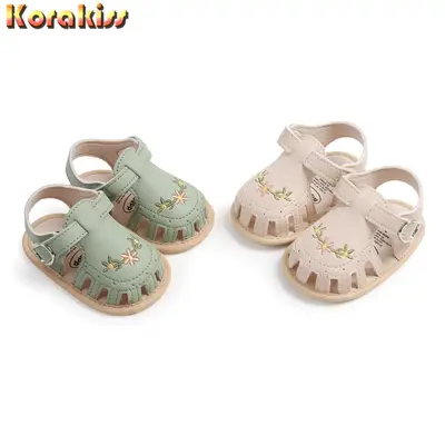Baby Girl Sandals, PU Leather Non-slip Embroidery Flower Summer Flats Toddler Shoes for Casual Daily