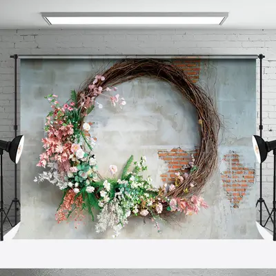 Retro Grey Red Brick Wall Wreath Backdrop For Photo - Aperturee