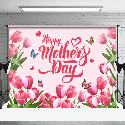 Tulip Pink Floral Happy Mothers Day Party Backdrop - Aperturee