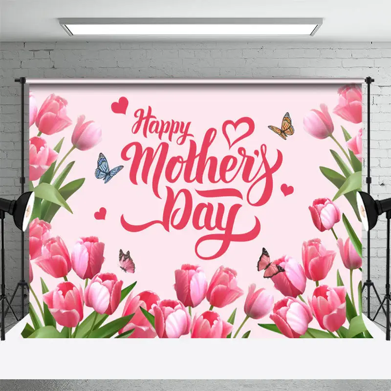 Tulip Pink Floral Happy Mothers Day Party Backdrop - Aperturee