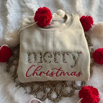 Floral Embroidered Merry Christmas Sweatshirt