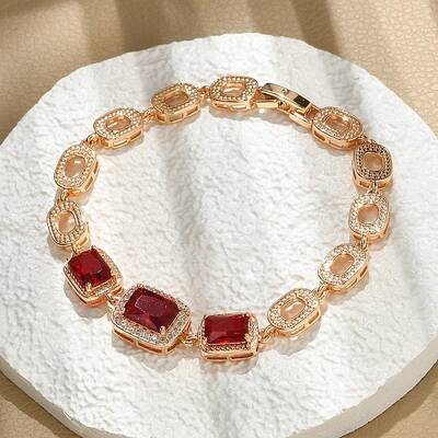 Rectangle & Oval Brass Micro Pave Cubic Zirconia Link Chain Bracelets