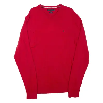 TOMMY HILFIGER Mens Jumper Red V-Neck Tight Knit XL
