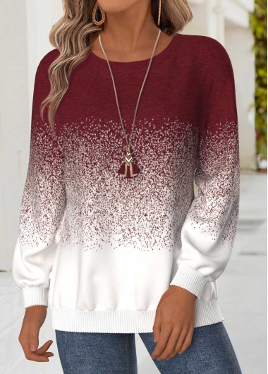 Modlily Wine Red Tummy Coverage Ombre Long Sleeve Sweatshirt - XL