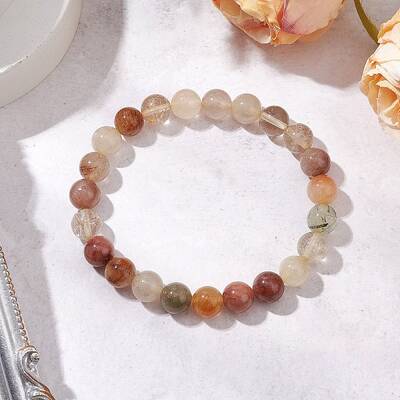 Natural Rutilated Quartz Round Beaded Stretch Bracelets for Women Men