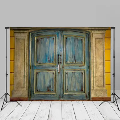 Brick Wall Old Blue Fade Wood Door Backdrop For Photo - Aperturee