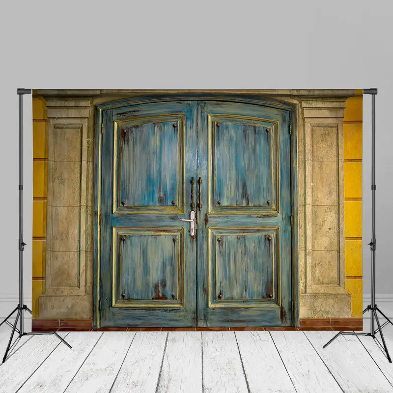 Brick Wall Old Blue Fade Wood Door Backdrop For Photo - Aperturee