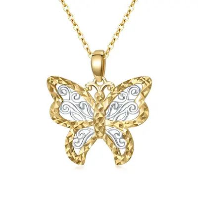 14K Two-Tone Butterfly Pendant Necklace For Women