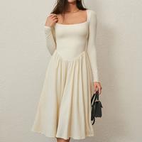 CHYRII Womens Spring Fashion 2025 Square Neck Long Sleeve Casual A-Line Midi Dress