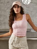 Women's Solid Color Jacquard Square Neck Sports Vest, Casual Sport Sleeveless Tank Top for Yoga Workout Exercise, Ladies Spor...