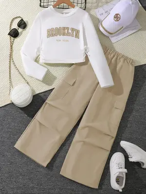 Girl's Letter Print Crop Long Sleeve Tee & Elastic Waist Cargo Pants Two-Piece Set, Casual Round Neck Long Sleeve Top & Pocke...