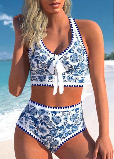 Modlily Bowknot High Waisted Tribal Print Blue Bikini Set - M
