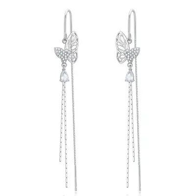 Sterling Silver Cubic Zirconia Butterfly Drop Earrings