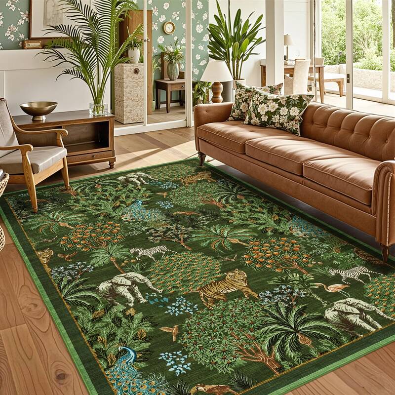 Garvee Jungle Animal Print Rug 5x7 Washable Non-Slip Faux Wool Low Pile Stain Resistant for Living Room Bedroom Nursery