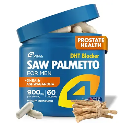 4Well Saw Palmetto for Men 900mg - High-Dose Natural Dietary Health Blend with Ashwagandha and DHEA to Support Prostate and U...