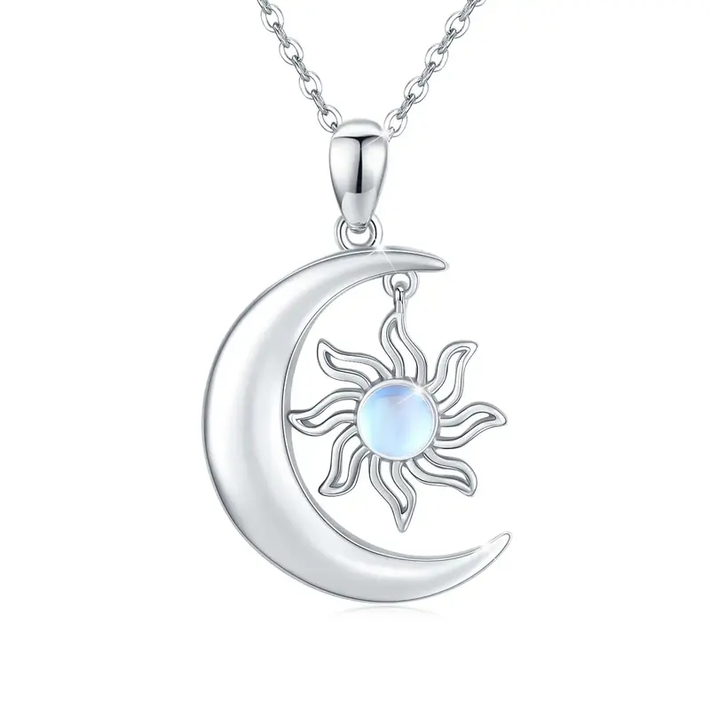 Sterling Silver Round Moonstone Moon & Sun Pendant Necklace