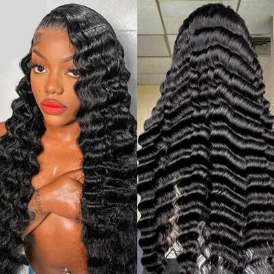 13x6 Full Transparent Lace Loose Deep Wave Wig Natural Black Color