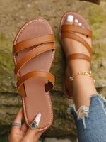 Women's Fashion Plain Pu Leather Texture Flat Sandals, Summer Beach Sandals, Casual Comfort Lightweight Breathable Slide Sand...