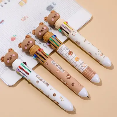Ballpoint Pen, 1 Count Multicolor Ballpoint Pen, Random Pattern Cartoon Bear 10 Colors Ballpoint Pen