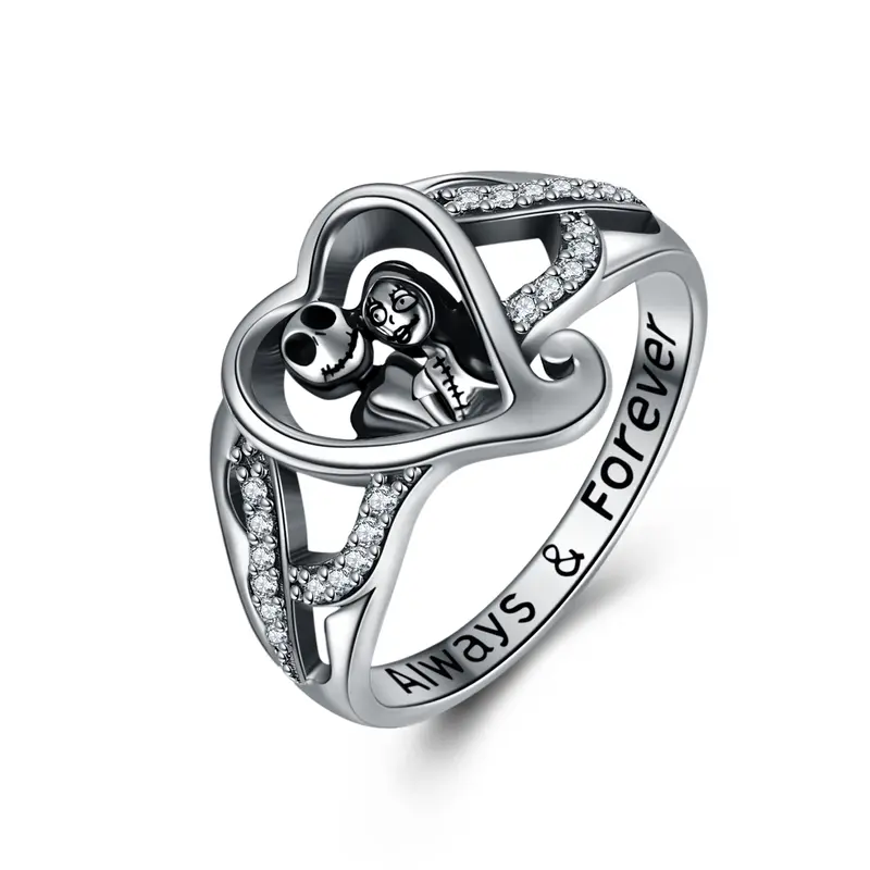 Sterling Silver Round Shaped Cubic Zirconia Heart & Skeleton Ring with Engraved Word
