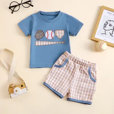 Baby Toddler Boy Shorts Set Baseball Embroidery Short Sleeve T-Shirt Plaid Shorts 2 Piece Summer Outfit