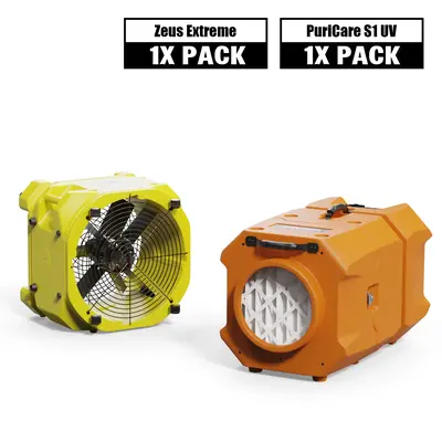 AlorAir Sanitization & Disinfection Combo Pack, 1 X Zeus Extreme Air Mover, 1 X PuriCare S1 UV Air Scrubber