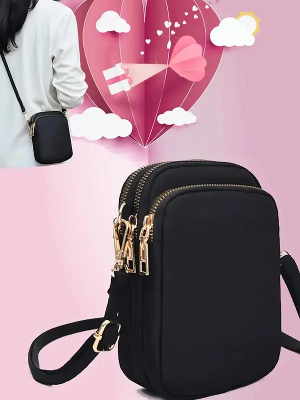 Women's Casual Plain Zipper Mini Crossbody Bag, Solid Color Small Square Phone Bag, with Adjustable Strap, Female Classic Sho...